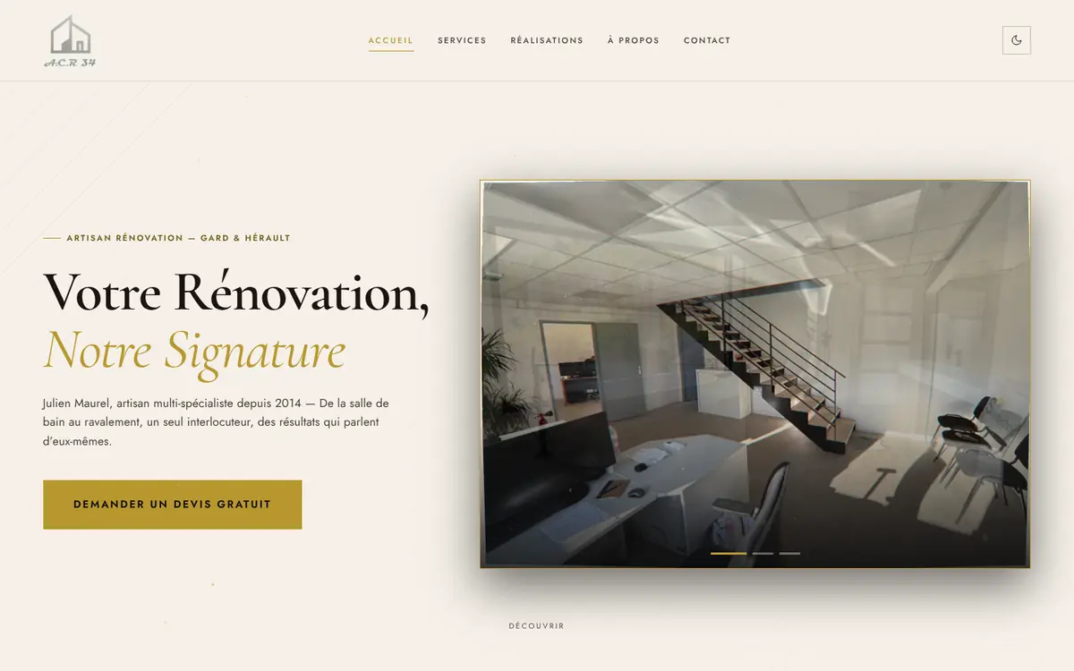 Home page of acr34.fr, in French: “Your renovation, our signature”, with a photo of a renovated interior.