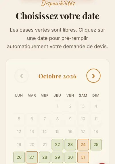 Mobile version: the October availability calendar, with free dates in green.