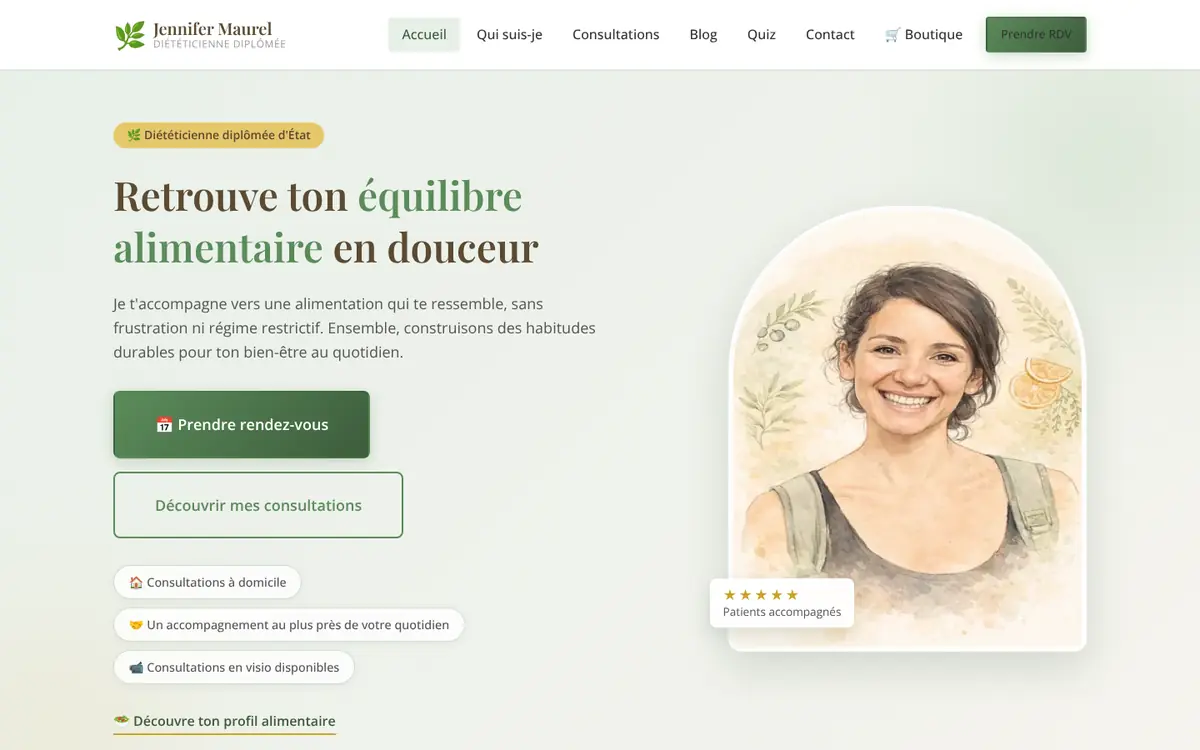 Home page of jennifer-dieteticienne.fr, in French: “Get back to balanced eating, gently”, with the dietitian’s portrait.