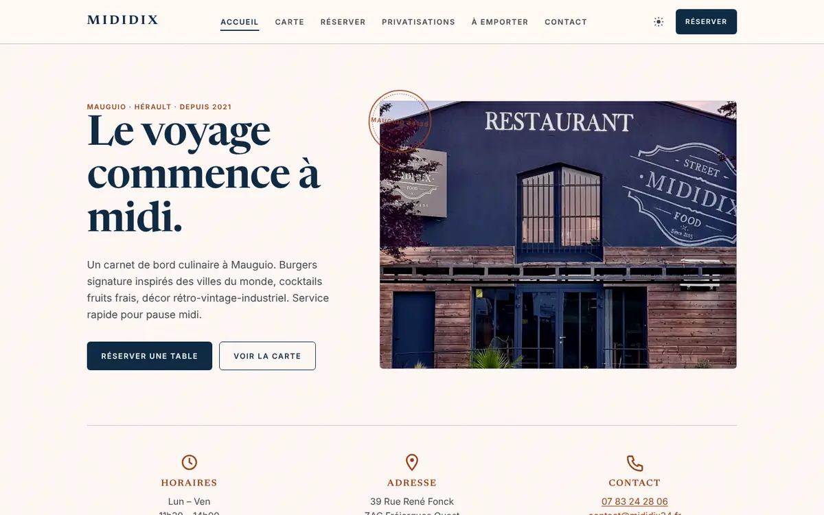 Home page of the upcoming Mididix site, in French: “The journey starts at noon”, with the restaurant’s frontage.